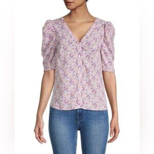 NWT SAKS FIFTH AVENUE Puff‎ Sleeve V Neck Button Up Floral Blouse Size XL